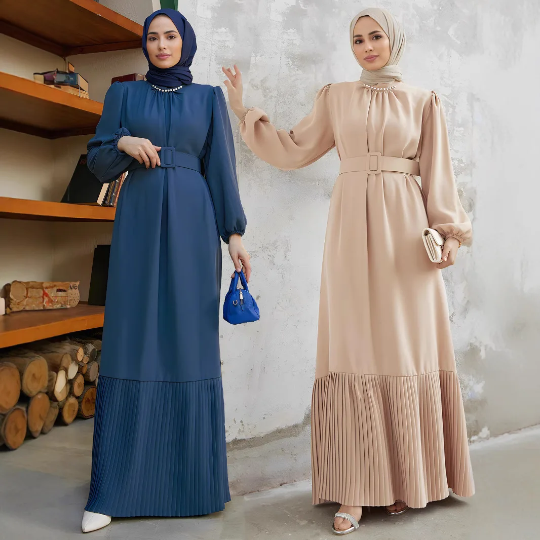 

A1457 Elegant Beaded Pleated Long Dress (excluding Headscarf) Muslim Long Dress Robe Abaya Ramadan Dubai Luxury Islam Elegant