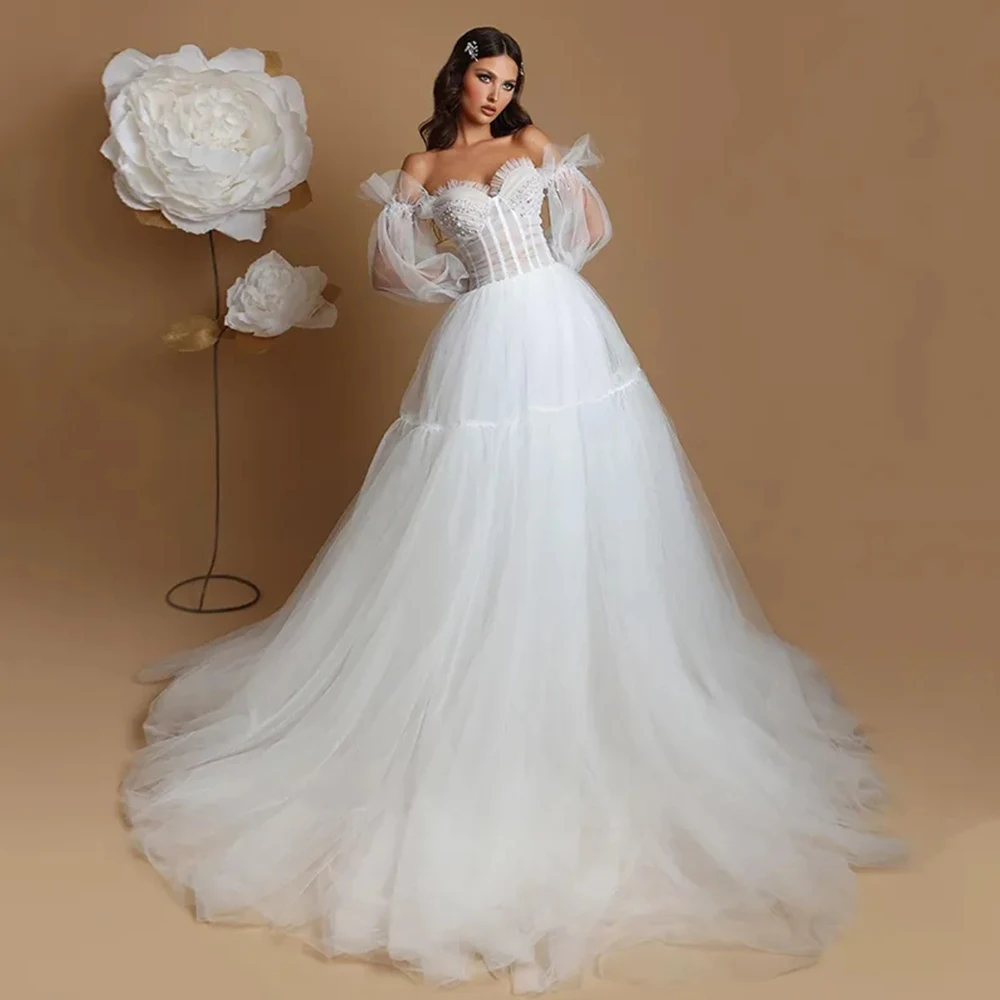 Elegant Wedding Dresses For Woman Off Shoulder Beach A-Line Fluffy Long Sleeves Princess Style Bridal Gown Elegant Open Back