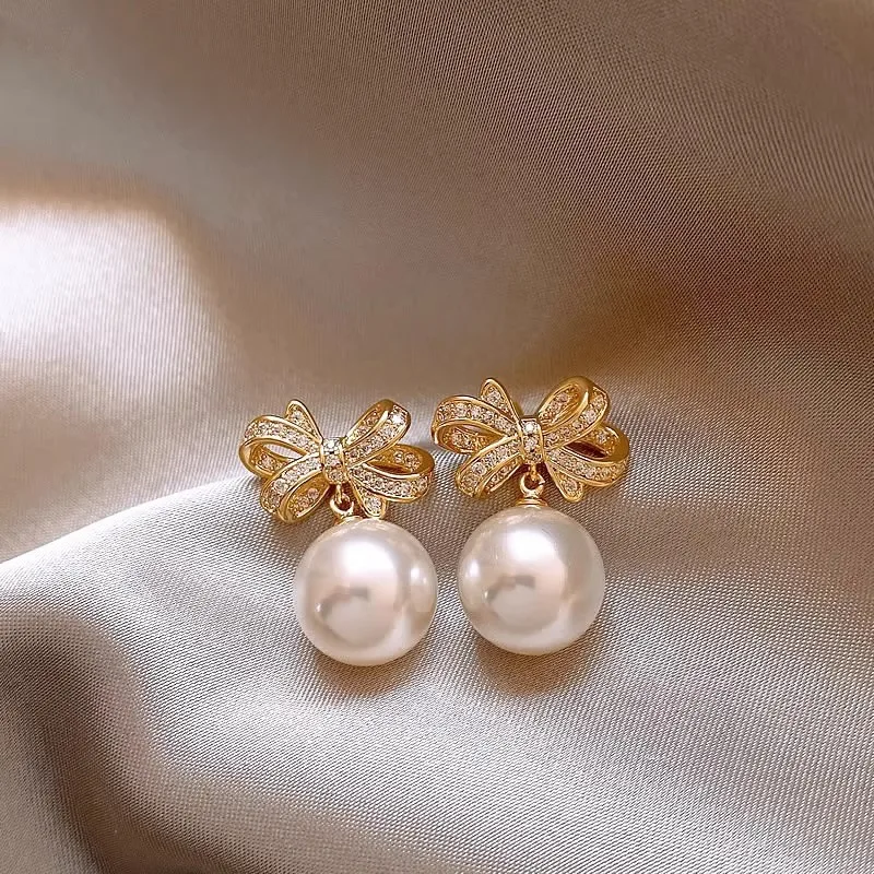 Fashionable S925 Silver Needle Bow Imitation Pearl Earrings, Exquisite Feminine Style Wedding Party Jewelry Accessories