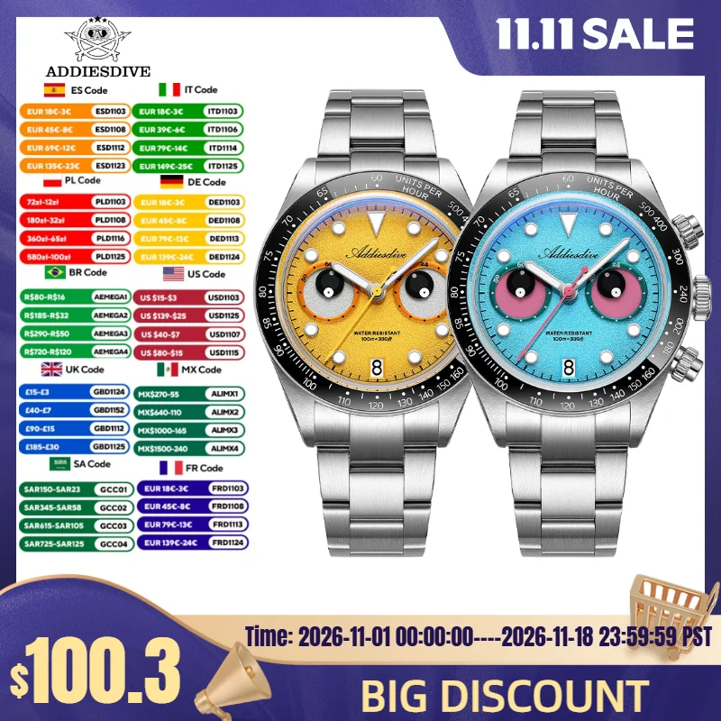 ADDIESDIVE New Eye Dial Watch For Men BGW9 Super Luminous 100m Waterproof 316L Stainless Steel Chronograph Quartz Watch AD2557