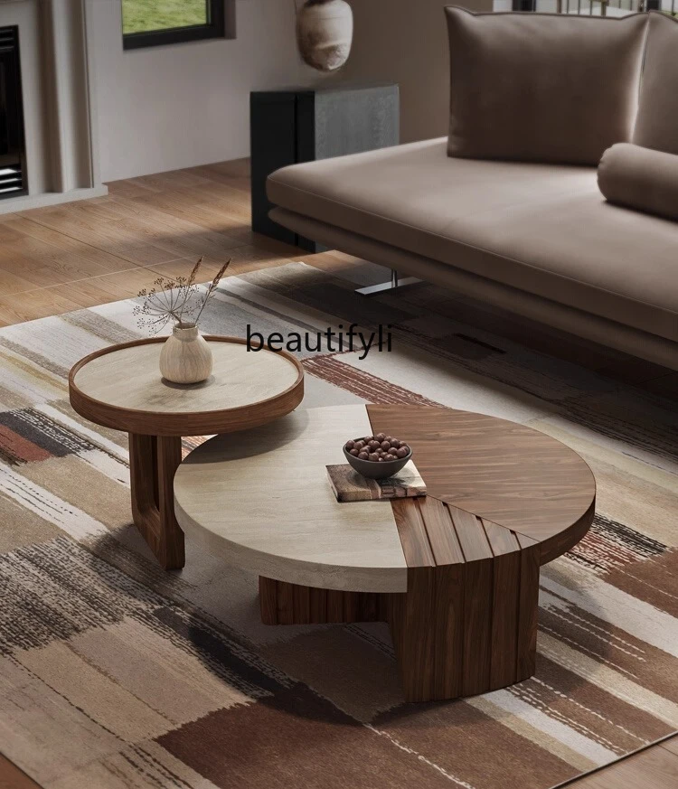 

Coffee table combination villa living room, creative medieval walnut leather size tea table