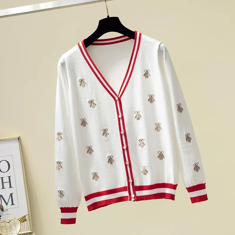 High Quality Fashion Designer Bee Embroidery Cardigan Long Sleeve Single Breasted Contrast Color Button Knitted Sweaters