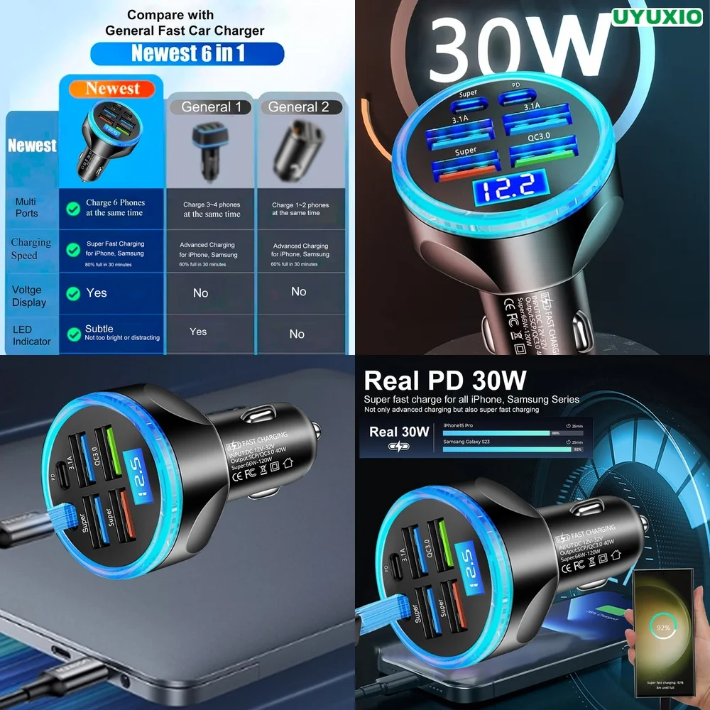 Carregador Veicular Inteligente com Chip IC, 6 Portas PD 30W, Super Rápido para iPhone 17 16 15 14 Pro Max Plus, Carregamento Rápido, Display Digital LED, Plugue