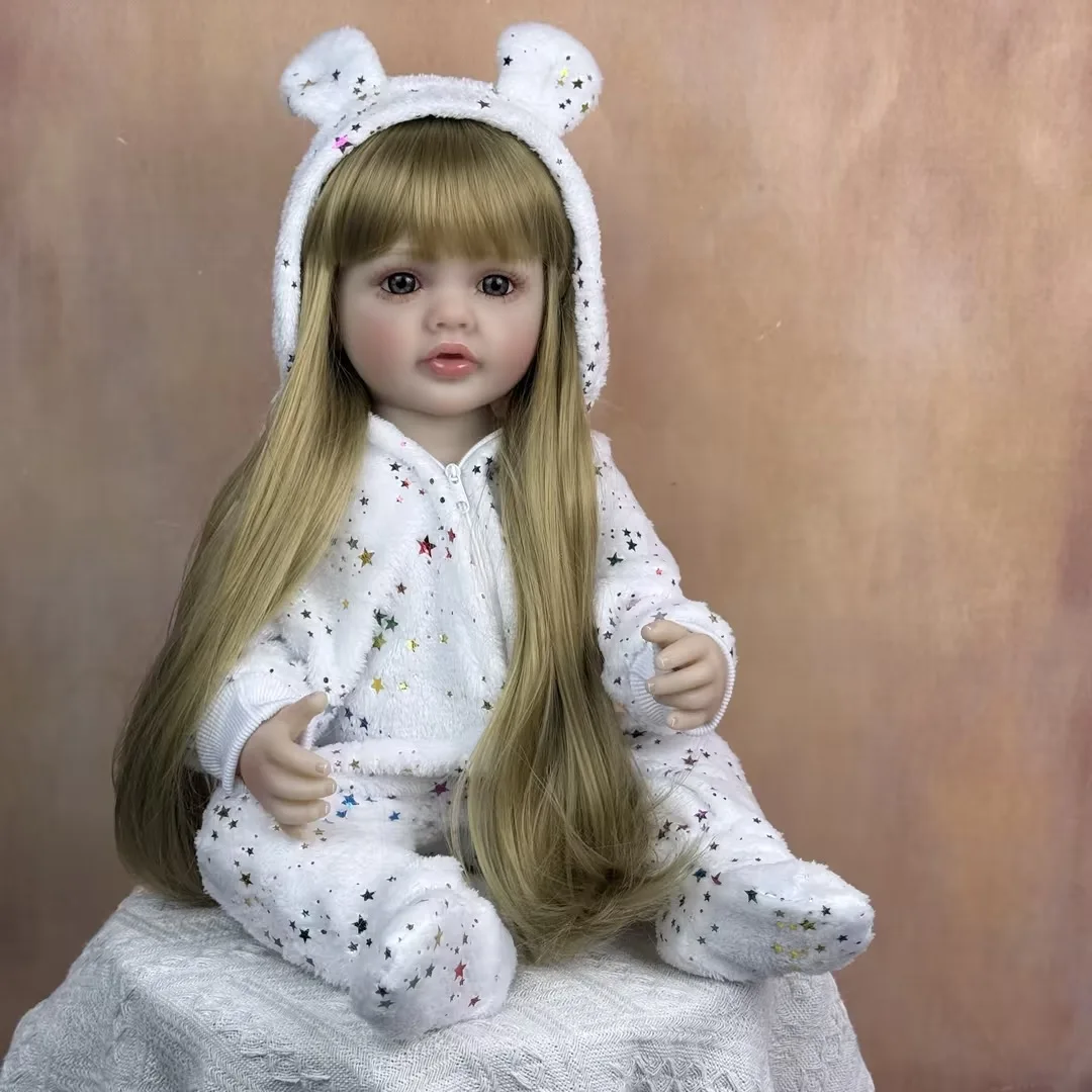 BZDOLL 55CM 22인치 긴 머리 공주 유아 리본 베이비돌 풀 비닐 바디 화이트 점프수트 목욕 장난감 드레스업 생일 선물