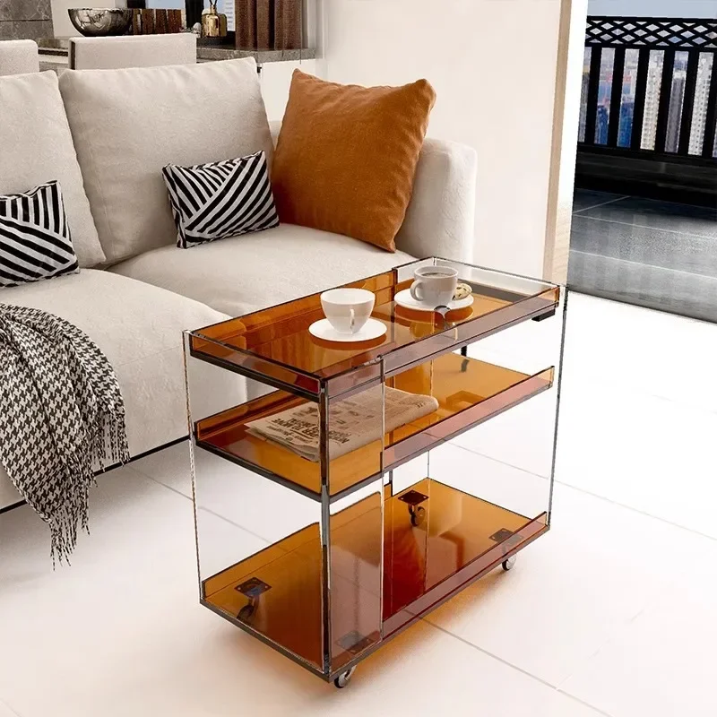 Acrylic movable sofa side few antique trolley coffee table rack living room mobile dining car