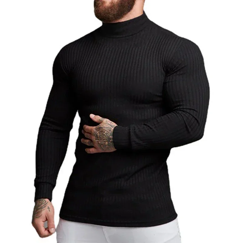 

Fashion Turtleneck T-shirt Men Autumn Casual Knitted T Shirt Vertical Stripes Thin Pullover Keep Warm Sweaters Fitness Clothing
