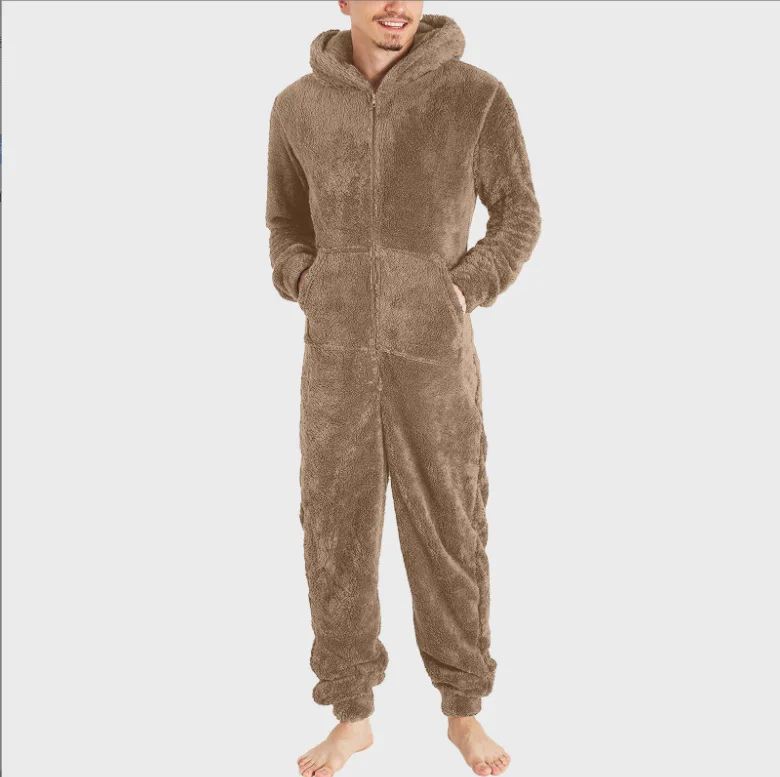 European and American Style Male Pajama with  Flannel, Long Pants and Leisure, Hooded Jumpsuit and Fleece, Warm Home Clothes