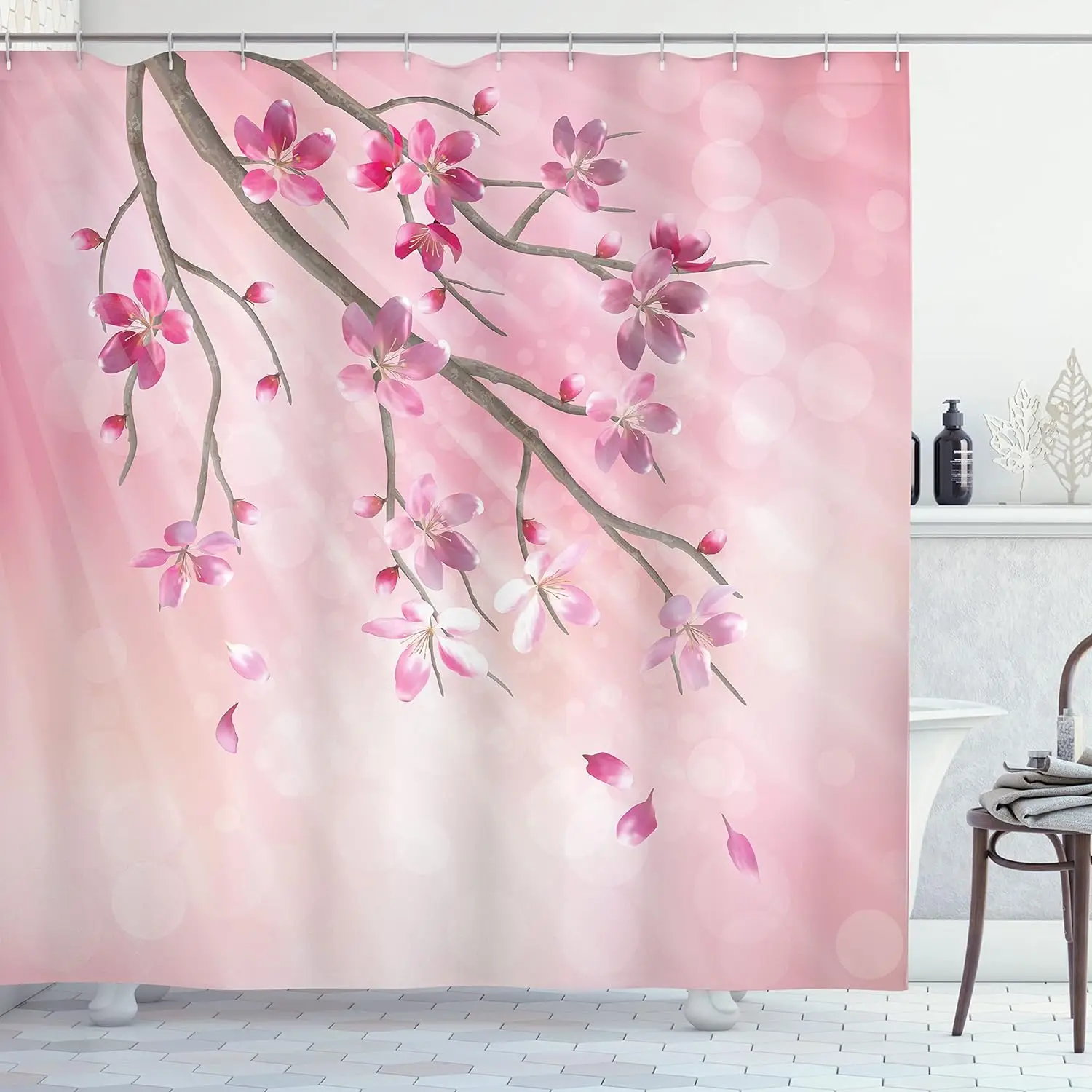 

Pink Peach Blossom Petal Shower Curtain Family Bathroom Decor Waterproof Polyester Fabric Bathroom Curtain