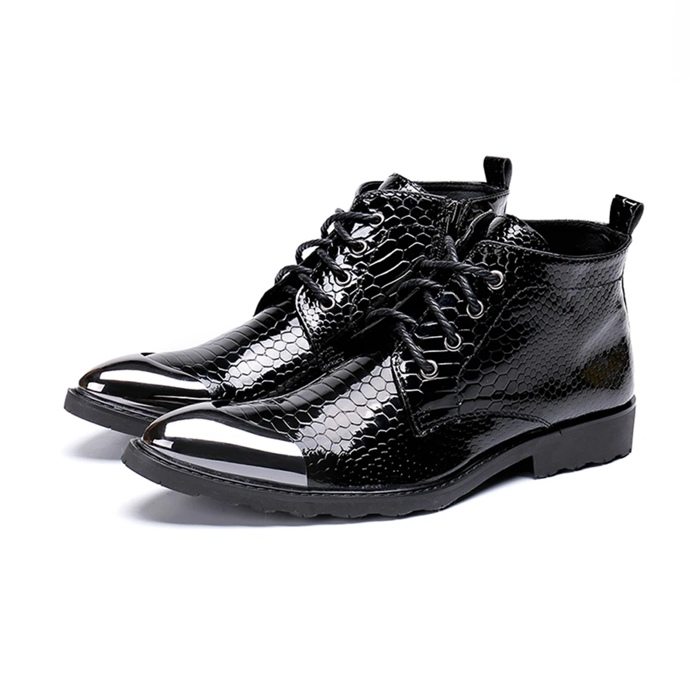 

Black Patent Leather With Metal Lace-Up Zipper Low Heels Pointed Toe Boots Male Plus Size Business British Style Dress Shoes