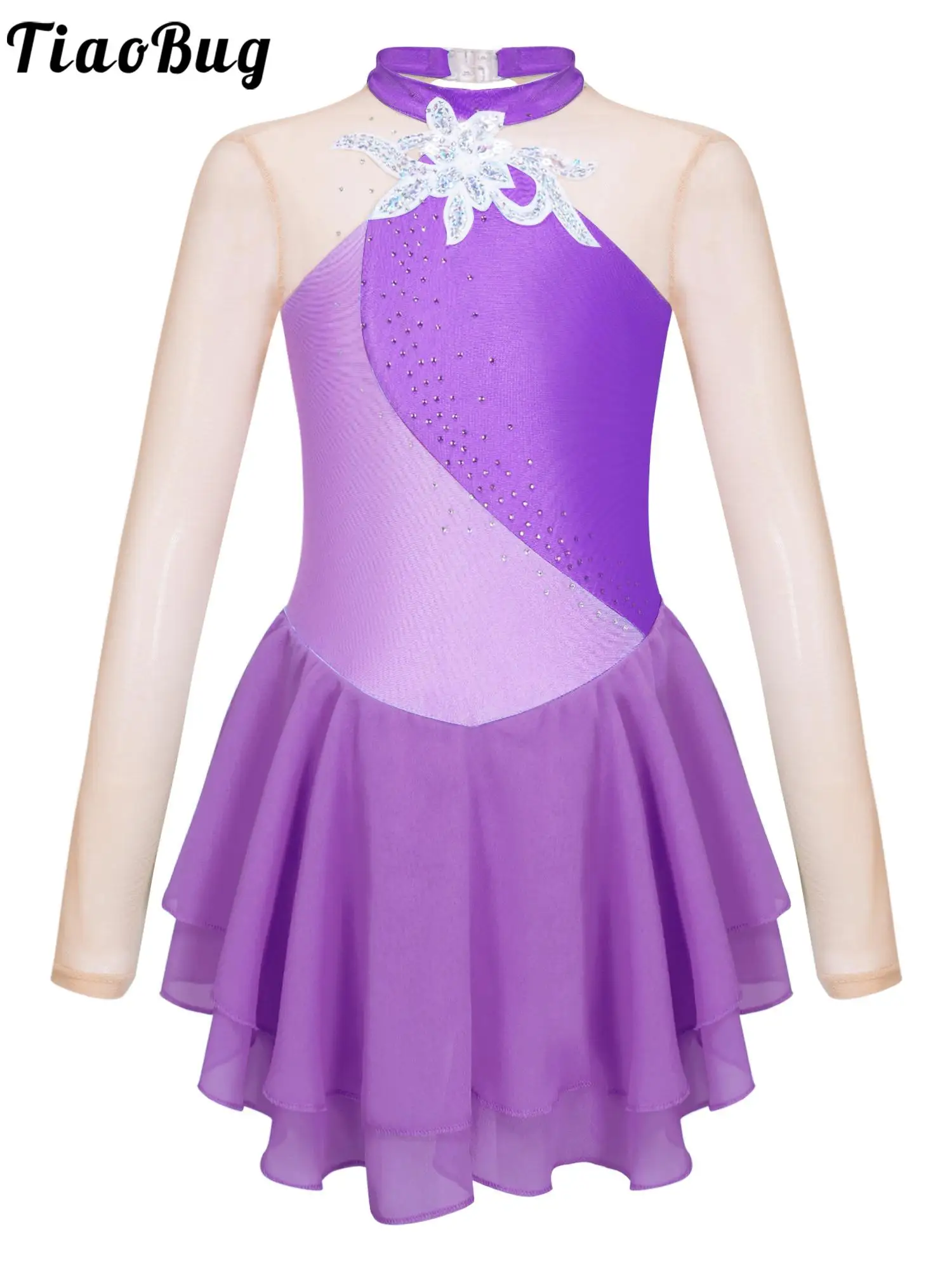 Ropa elegante para niños y niñas, vestido de manga larga con cuello redondo, lentejuelas brillantes con diamantes de imitación, decorado Floral,