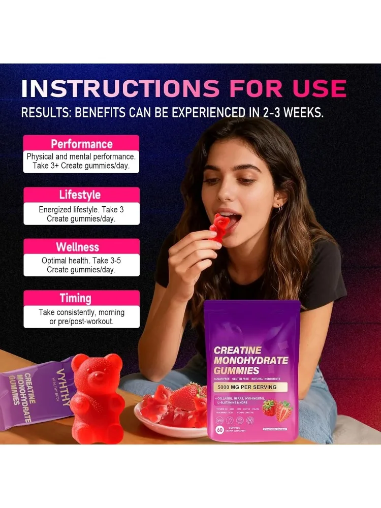 

Creatine Monohydrate Gummie with Collagen,Biotin,Vitamin D3 & Hyaluronic Acid Daily Pre &Post Workout Recovery Support 60 Count