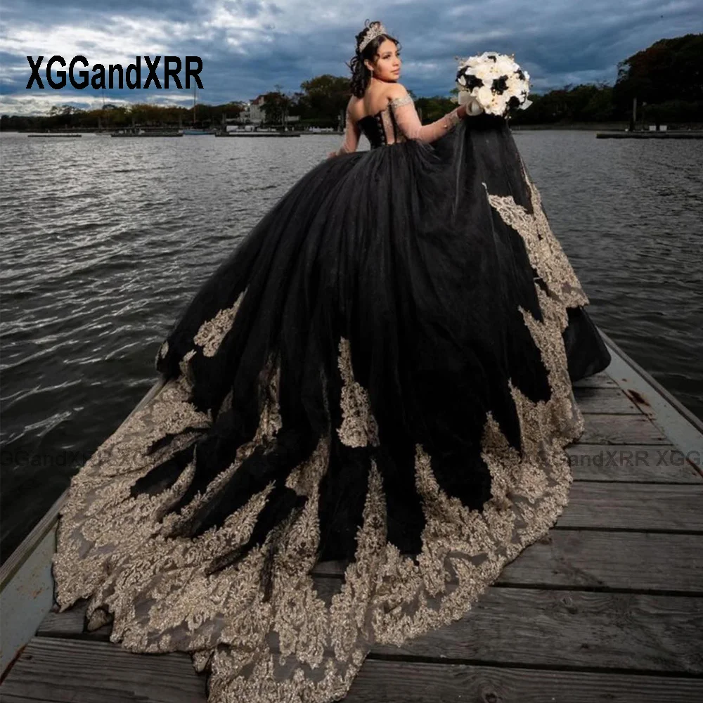 Luxury Black Ball Gown Quinceanera Dress 2024 Applique Long Sleeves Sweet 15 16 Yearls Birthday Party Vestidos De XV Años Miss