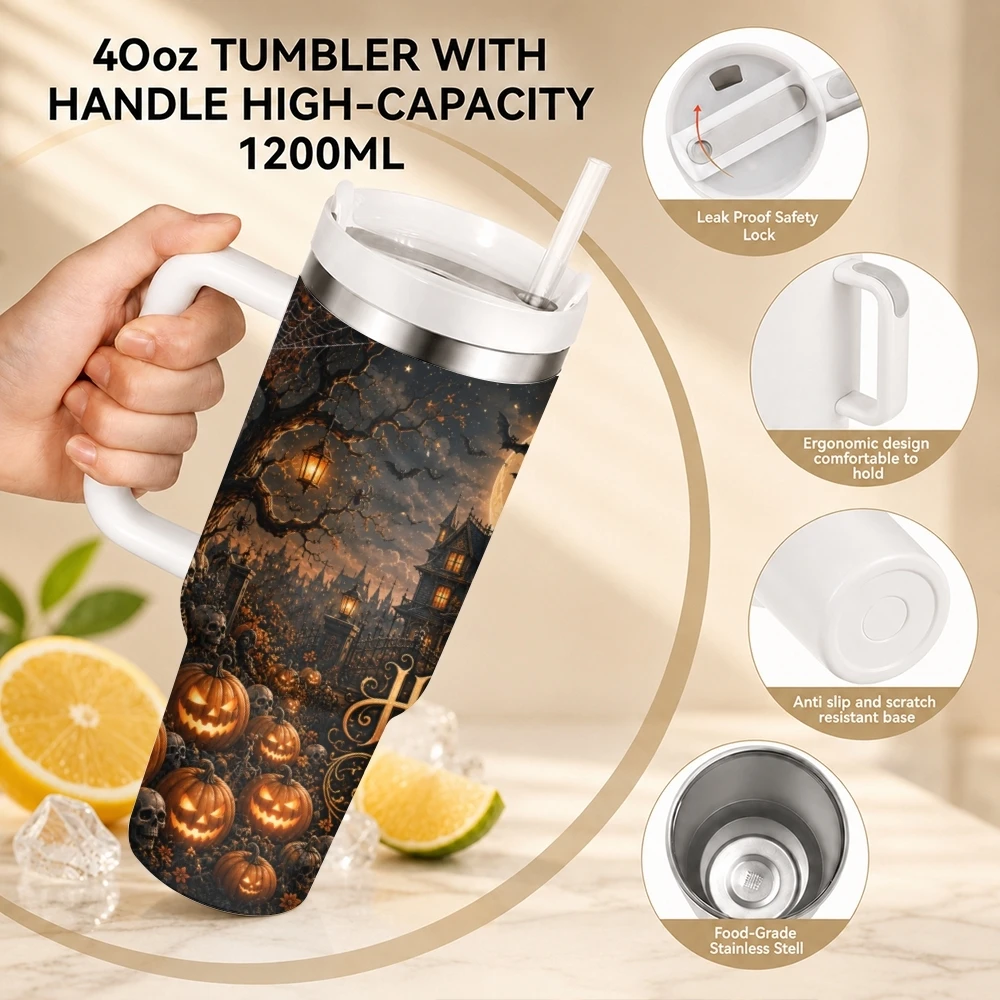 Halloween Haunted House Vacuum Flasks 40oz Stainless Steel Travel Tumbler with Handle Straw Lid Double Wall Vacuum Insulated
