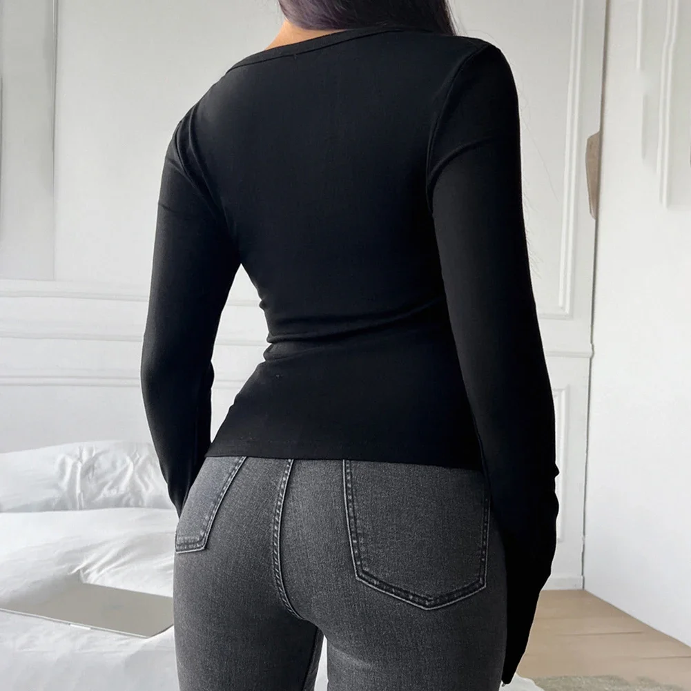 

Casual Style Y2K Fashion T-shirts Casual Long Sleeve All Seasons Brand New Buttons Microelasticity Solid Color