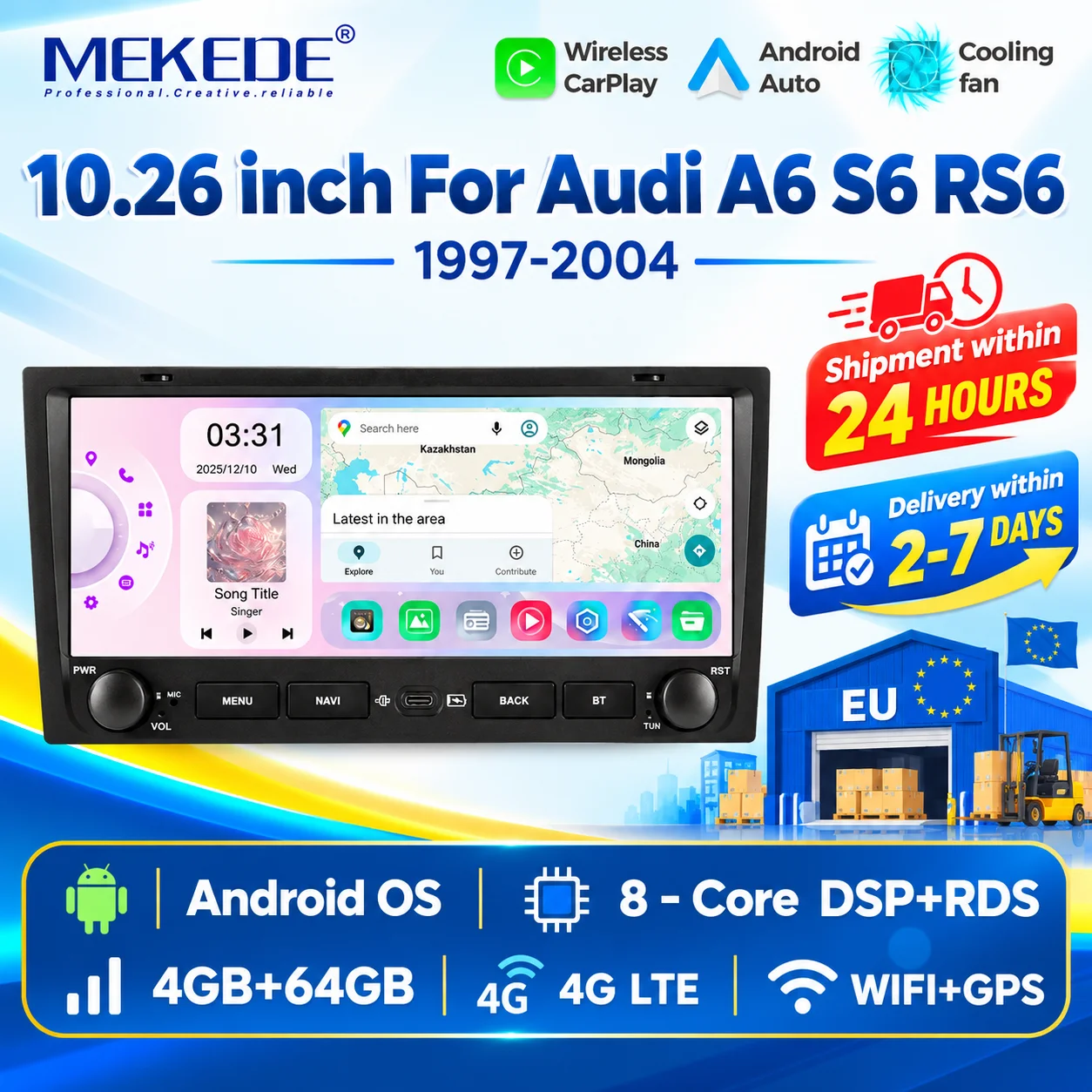 10,26'' per Audi A6 C5 1997-2004 S6 1999 - 2004 RS6 2002 - 2006 Sistema Smart Android con CarPlay Wireless BT Autoradio Lettore Multimediale GPS Navi Android Auto Wifi Schermo Touch IPS Magazzino UE