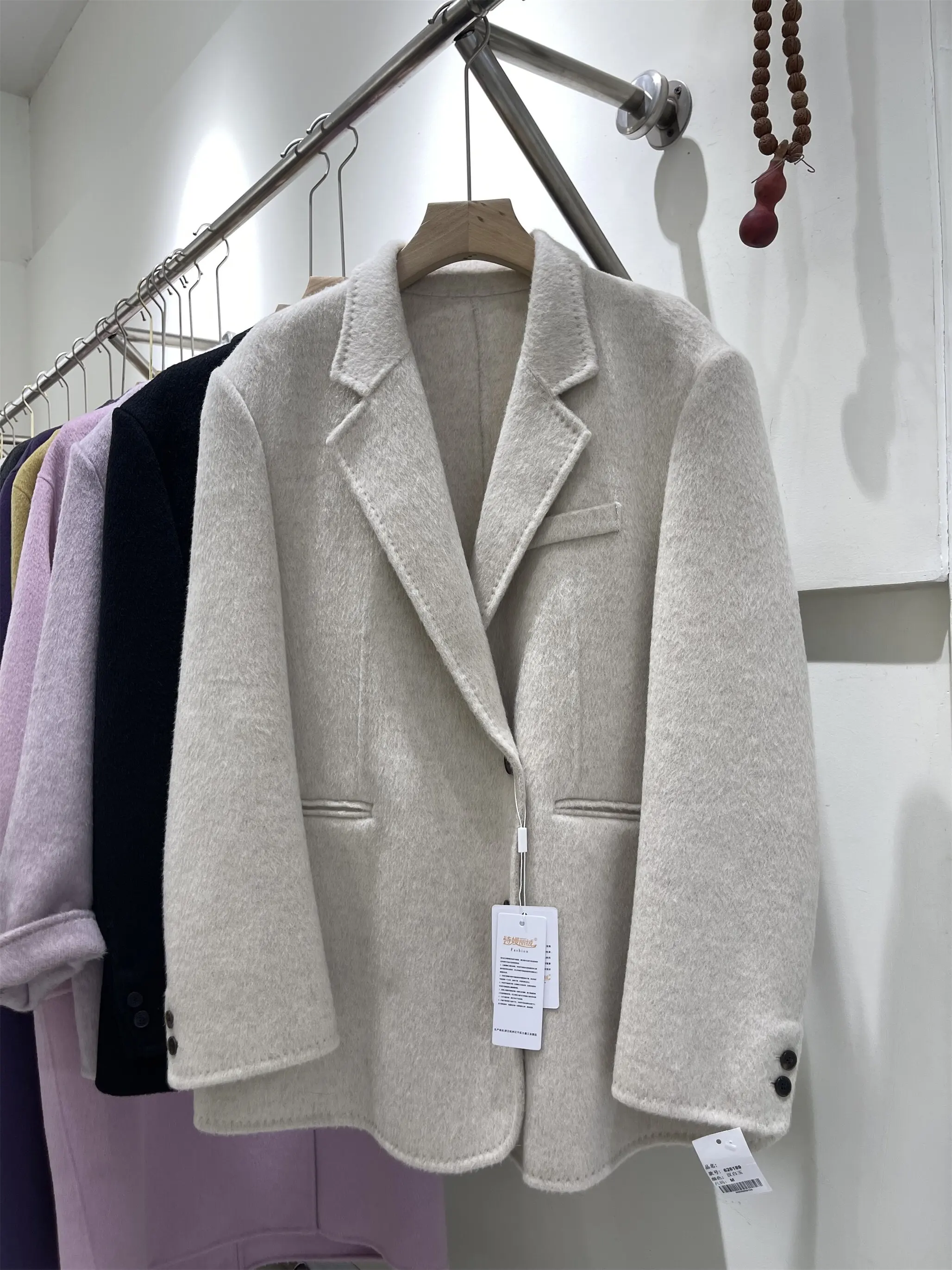Premium Autumn Winter Wide Shoulder Notched Lapel Double Face Wool Coat Women Long Hair Woolen Blazer Style Handmade Outerwear