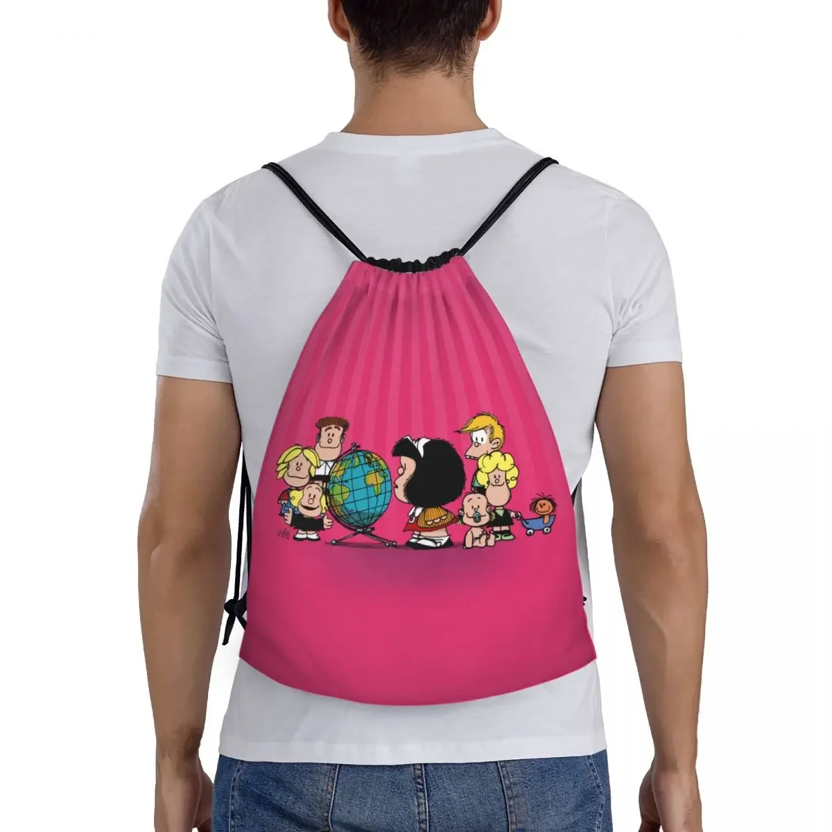 Custom Mafalda Friends Drawstring Bags para homens e mulheres, leve Quino Comic, Cartoon Sports Gym Backpack