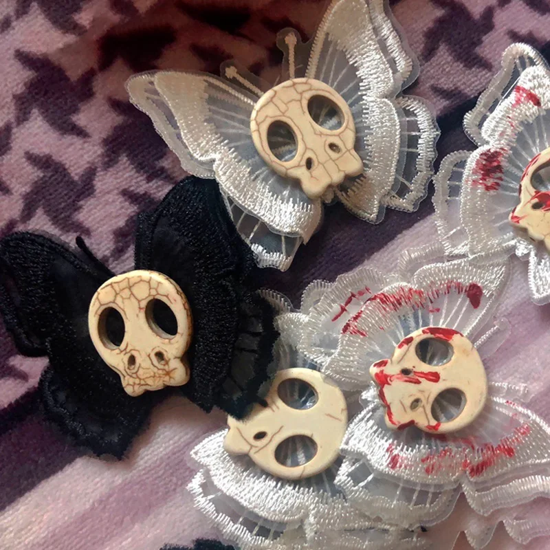 Goth Handmade Injured Butterfly Skull Hairpin for Women Cartoon Harajuku Nostalgic Hair Clips Accessories 90s Halloween Gifts