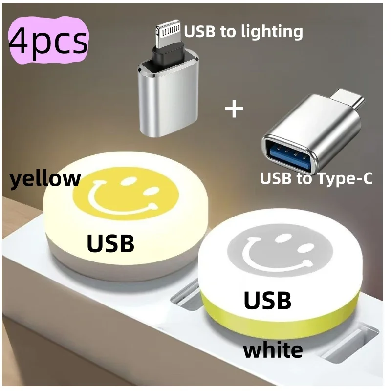 USB Smiley Face Night Light 4/6/10Pcs with Type‑C & Lightning Adapter, Plug & Play Soft Bedside Lamp