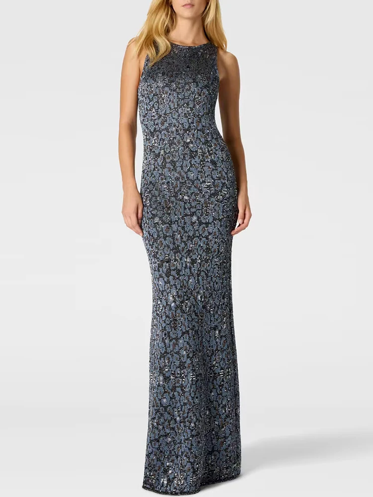 Summer Fashion Party Vintage Pattern Elegant Floor-Length Dress Women's O-Neck Sleeveless High Waist Buttock Covering Dresses