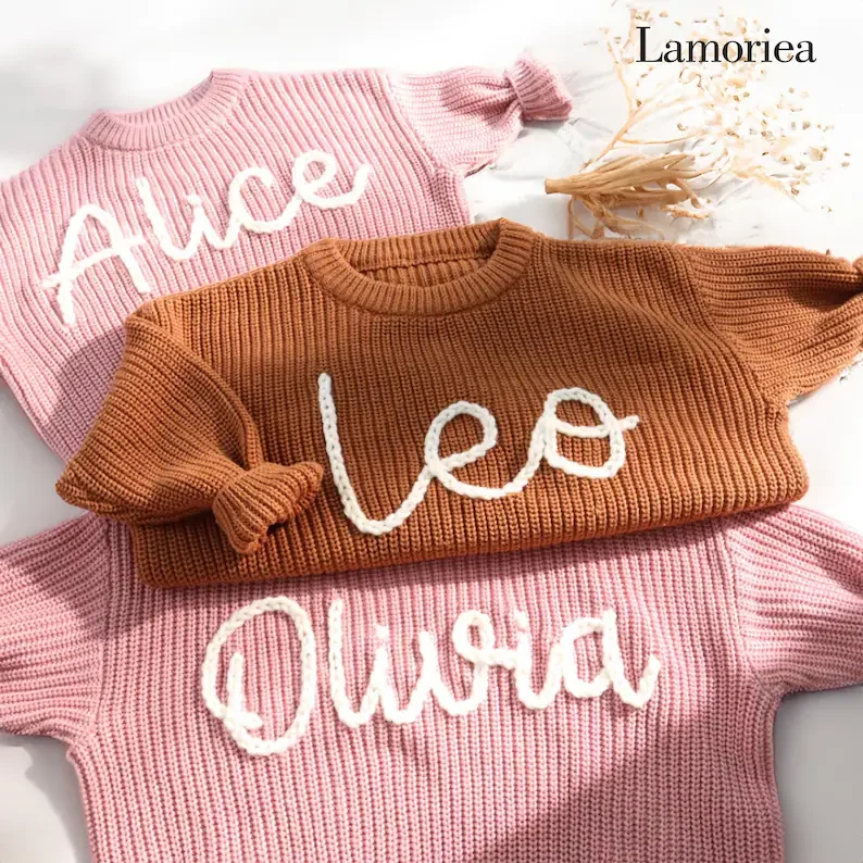 Personalized Baby Jumper with Hand-Embroidered Name Monogram, Baby Girls Sweater With Name, Christmas gift Birthday Gift For Kid