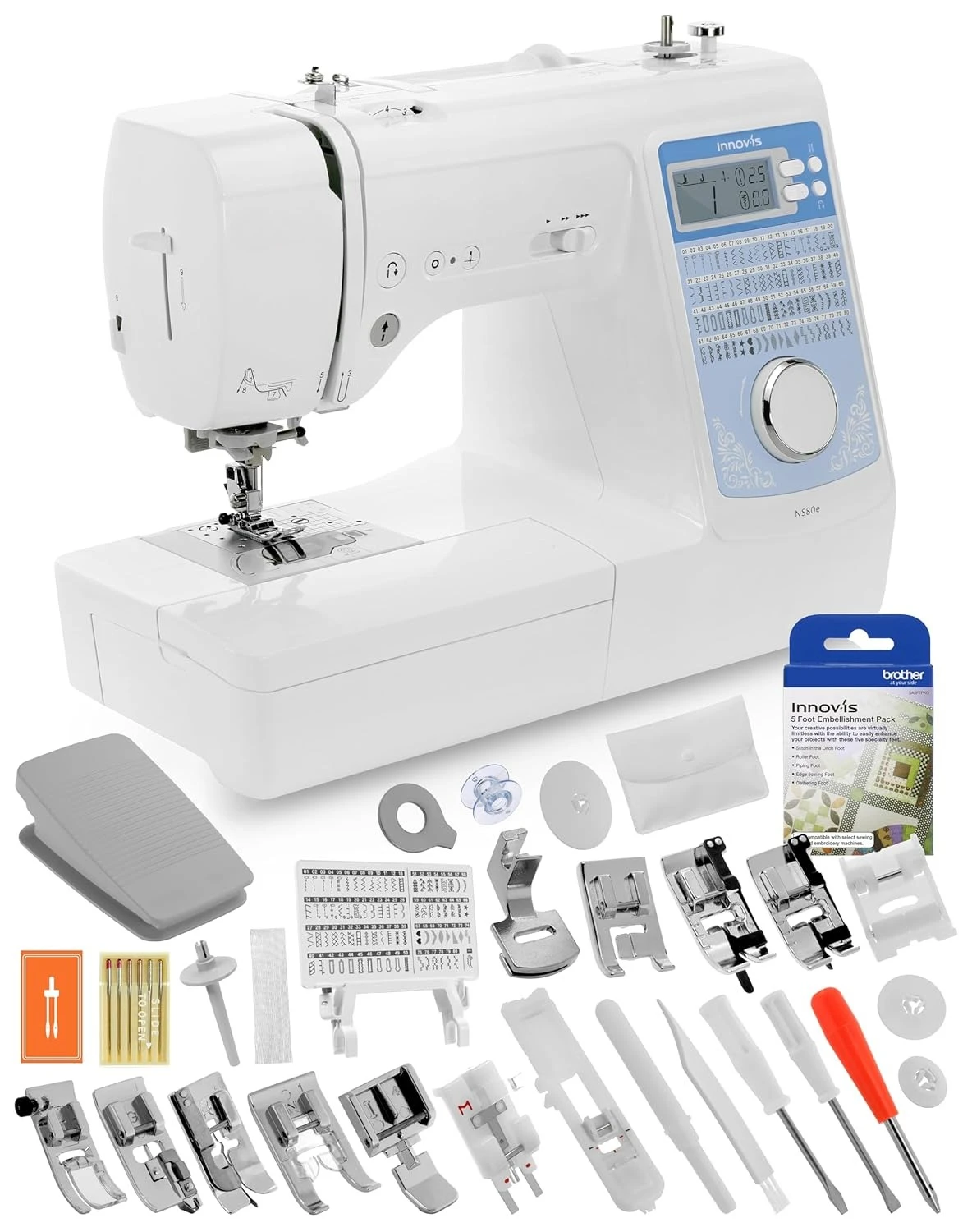 

Компьютеризированная швейная машина с стартовым комплектом – включает 5 ножек для декоративной строчки + Mr. Vac, индивидуальная комплектация