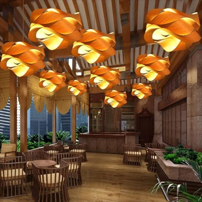 

Pendant Light Manual Weave E27 Natural Veneer Ceiling Chandelier Wooden Light for Kitchen Living Room Aisle Coffee Shop
