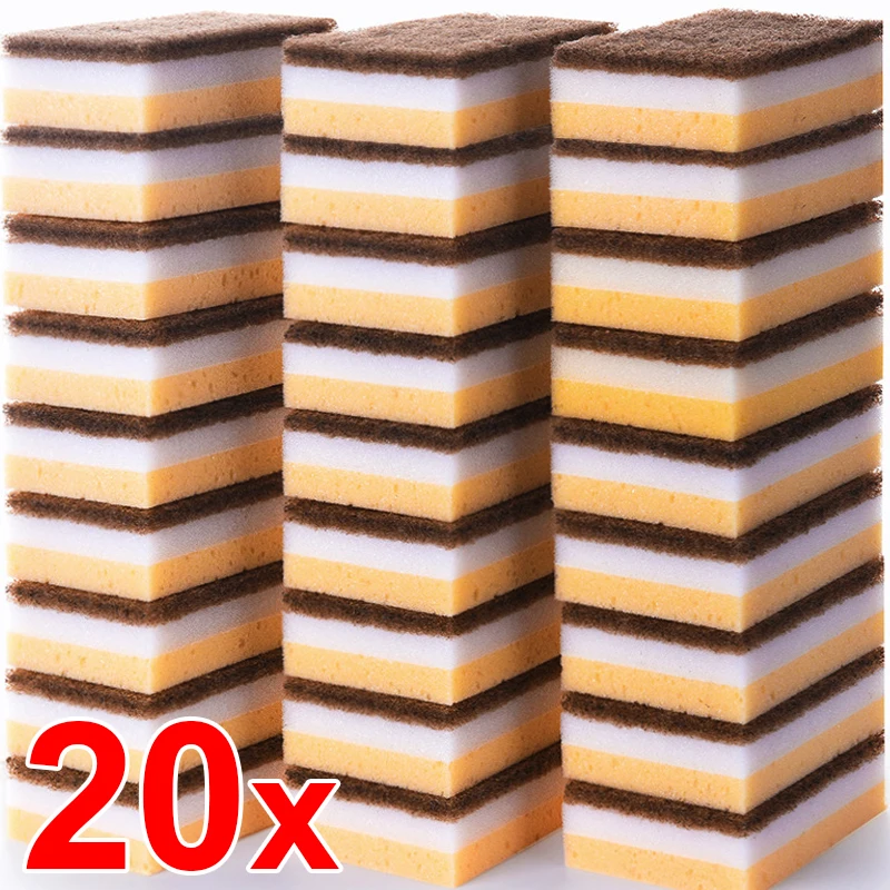 20/5pcs Scrub Sponges Double-sided Thickened Sandy Fiber Seaweed Sponge Kitchen Dishwashing Cleaning Wipes Magic Scouring Pads