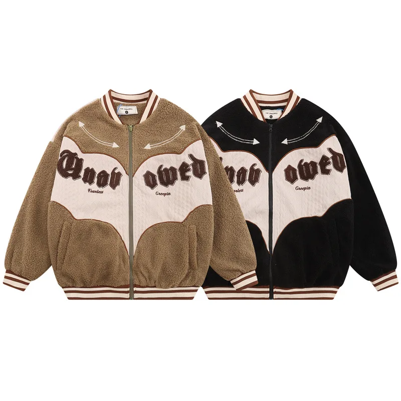 Jaqueta de beisebol retro velo de cordeiro masculina, carta bordada Harajuku, soprador grosso, casacos casuais hip-hop, parkas de inverno, moda