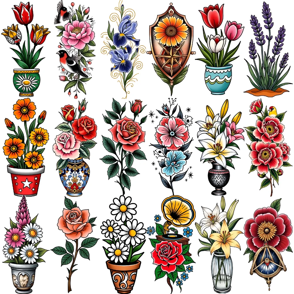 

28pcs Temporary Tattoo Pink Floral Arrangement Temporary Tattoo Stickers Blue Flowers With Vase Rose And Scroll For Chest Men