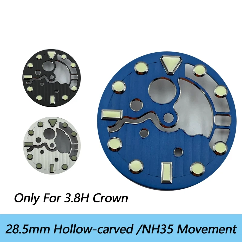 

High Quality Dial 28.5mm Hollow Skeleton C3 Luminous Marks Suitable For 3.8H NH35/36 Automatic Movement Watch Parts