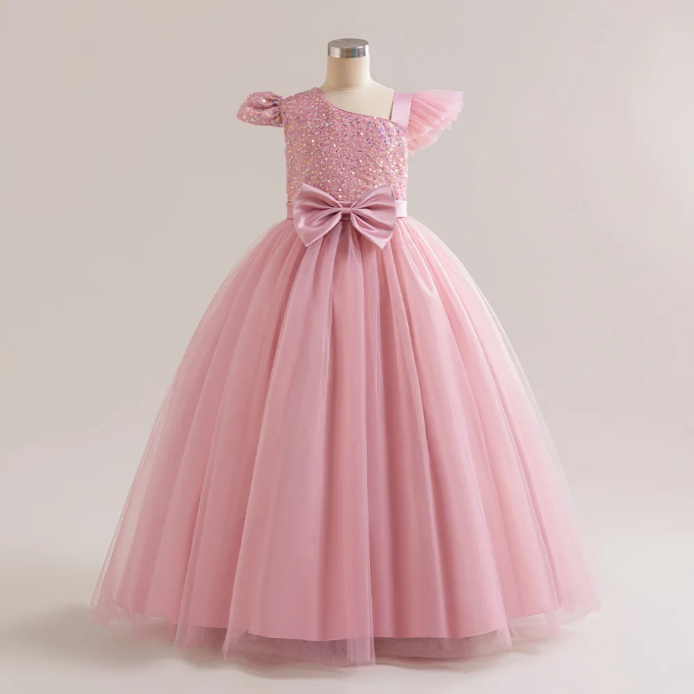 

Summer Girls Princess Bridesmaid Dress Kids Long Prom Ball Gowns Children Wedding Birthday Party Eids Bow Lace Clothes Costume