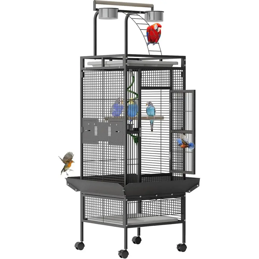 

60 Inch Large Bird Cage with Rolling Stand, Metal Parrot Cage with Play Top & 4 Stainless Steel Bowls for African Grey Cockatiel