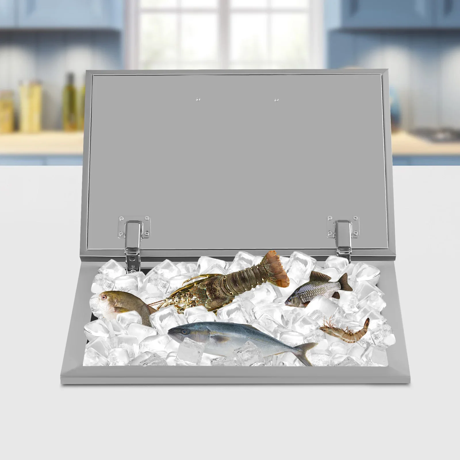 

Drop-In Cooler Ice Chest 20''L x 14''W x 13''H – Stainless Steel Bar Ice Bin with Hinged Cover
