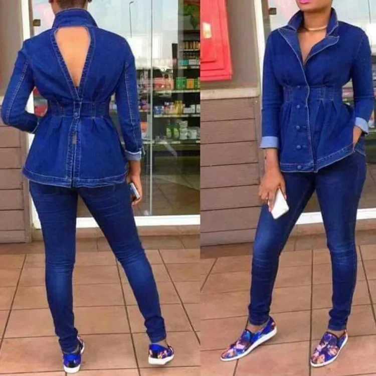 

Casual Denim Jeans 2 Piece Set Suit Women Denim Two Pieces Set V-Neck Long Sleeve Jeans Top&Long Pants Slim Tracksuit Outfits