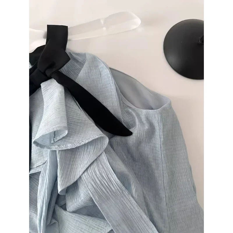 Blue Shirts Halter Off Shoulder Sleeveless Ruffles Blouses Vintage Hot Girls Sexy Korean Style Blouse Summer Trendy Female Tops