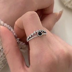 925 Silver Open Finger Ring Black Stone Double Layers Geometric Stackable Leaf For Women Girl Jewelry Gift Dropship Wholesale
