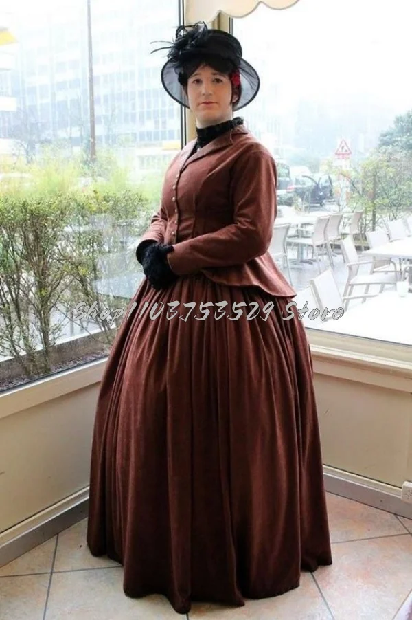 Medieval Vintage Brown Gothic Evening Dresses Classic Button Puffy Pleated Victorian Rococo Halloween Party Dresses