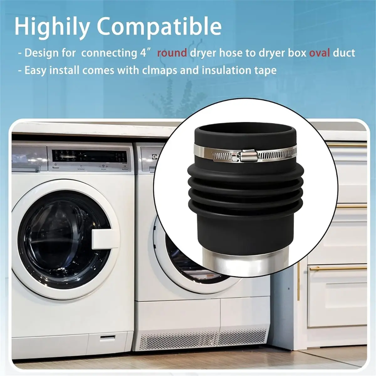 Round to Oval Duct Adapter for Recessed Dryer Vent Box, 4 Inch Flexible Dryer Hose Connector Boot with Clamps
