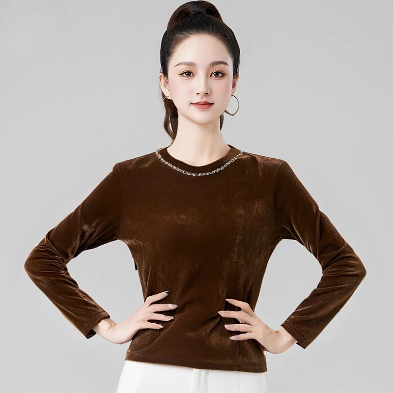 여성을 위한 새로운 라틴 모던 댄스 연습복 - 성인 볼룸 및 소셜 댄스를 위한 편안한 핏의 긴 소매 벨벳 탑