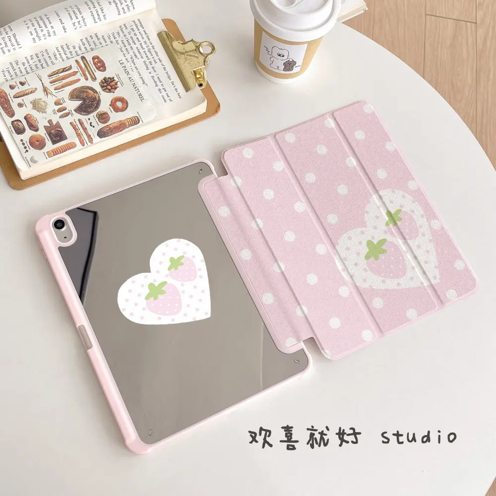 

Dots Strawberry Mirror Tablet Case For iPad Pro 11 13 M2 M4 M3 9.7 10.2 5/6th 7/8/9/10/11th Mini 6 7 Air 3 4 5 6 Stand Cover