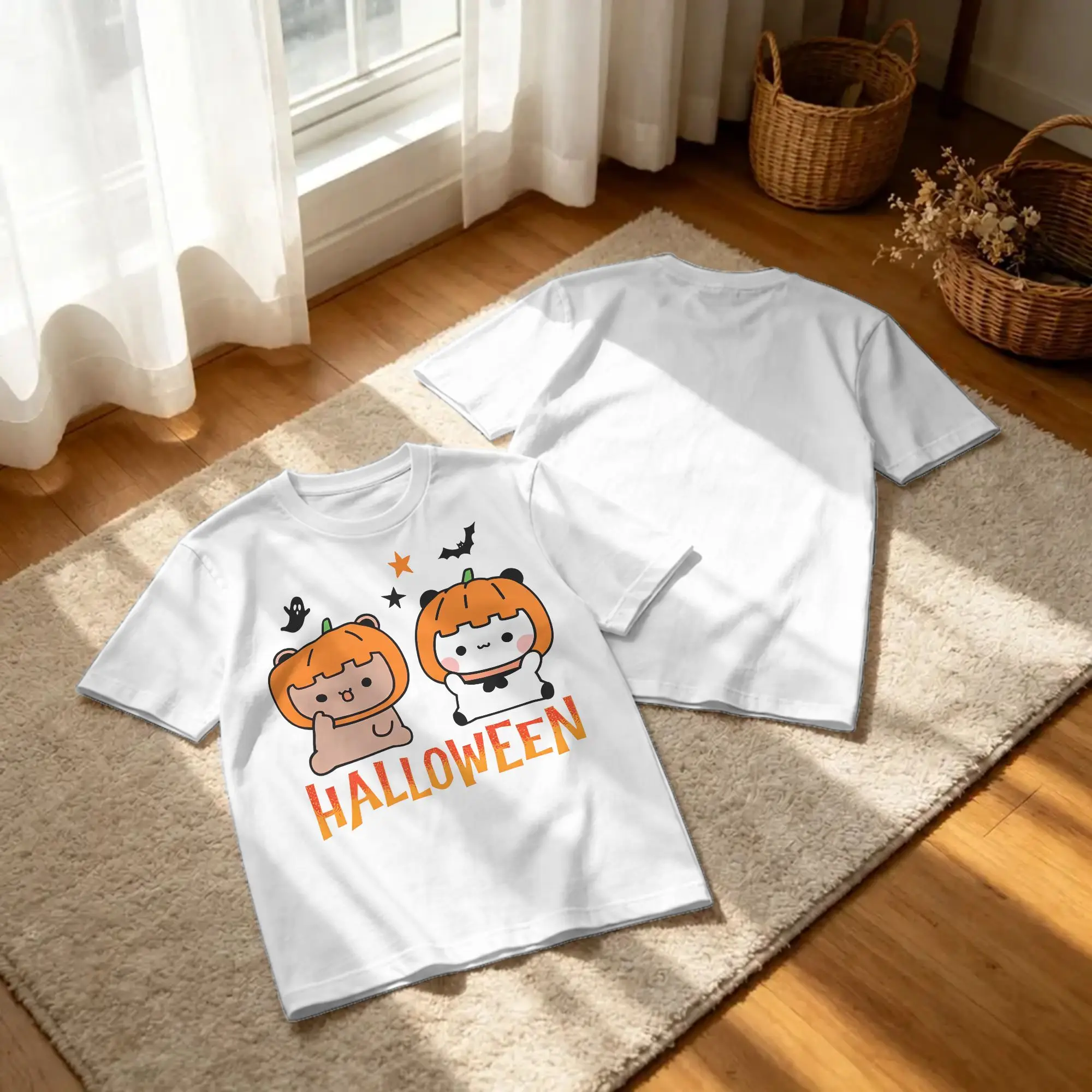 Men Women's T-Shirts Bubu Dudu Halloween Cute Vintage 100% Cotton Tee Shirt Pumpkins Bats Panda T Shirts Crewneck Clothing