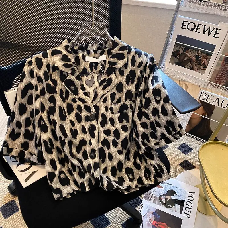 

Women Leopard Shirt Summer New American High Street Retro Short Sleeve Tops Fashion Single Breasted Casual Loose Short Coat