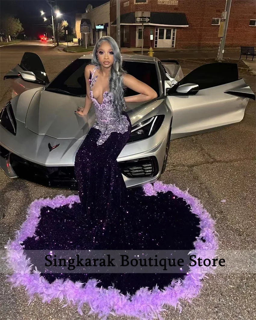 Glitter Purple Gems Prom Dress 2025 Beads Rhinestones Birthday Party Dress Sequins Gown Feathers Wedding Party Dress Customized