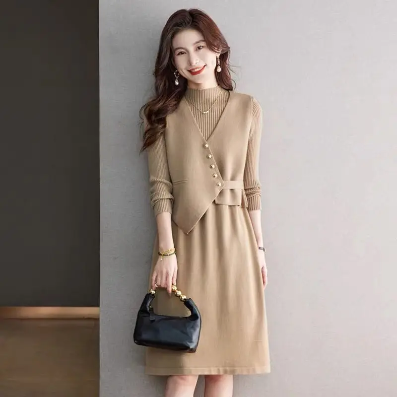 

Vest Knitted Dress Two-piece Set Women's Autumn Winter Mid-length Sweater Skirt