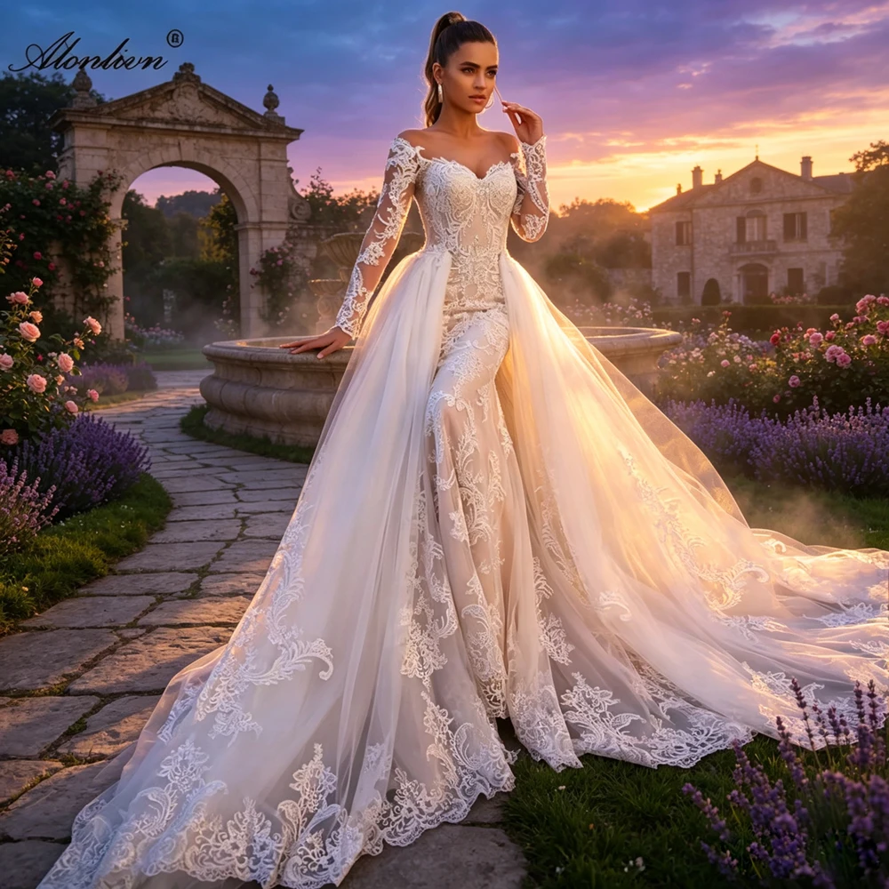 Alonlivn Custom Made Elegant 2 In 1 Wedding Dress With Removable Train Appliques Lace Champaghe Tulle Full Sleeves Bridal Gowns