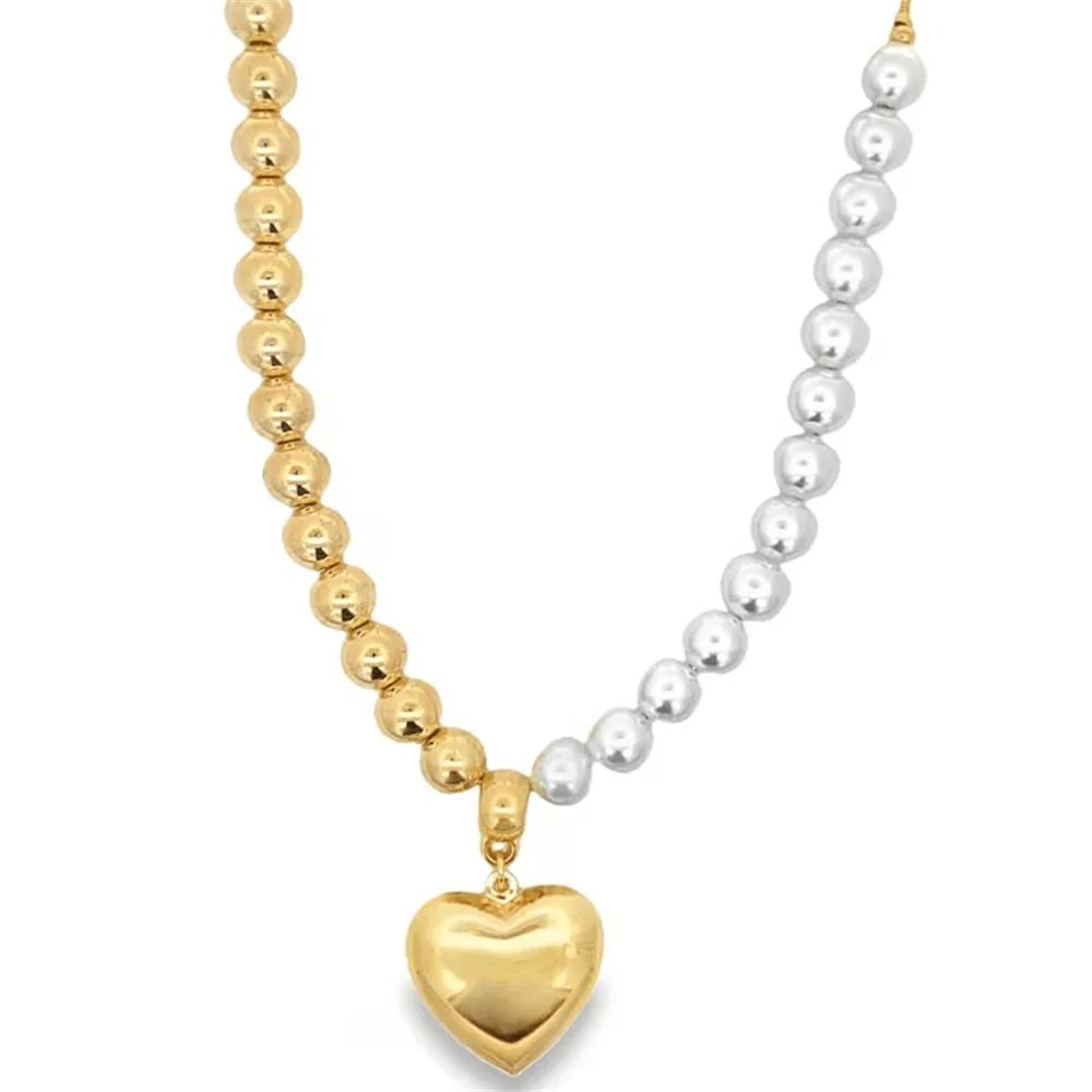 Fashion Gold Plated Beads Imitation Pearl Chain Necklace For Women Vintage Female Punk Hip-Hop Large Metal Heart Pendant Jewelry