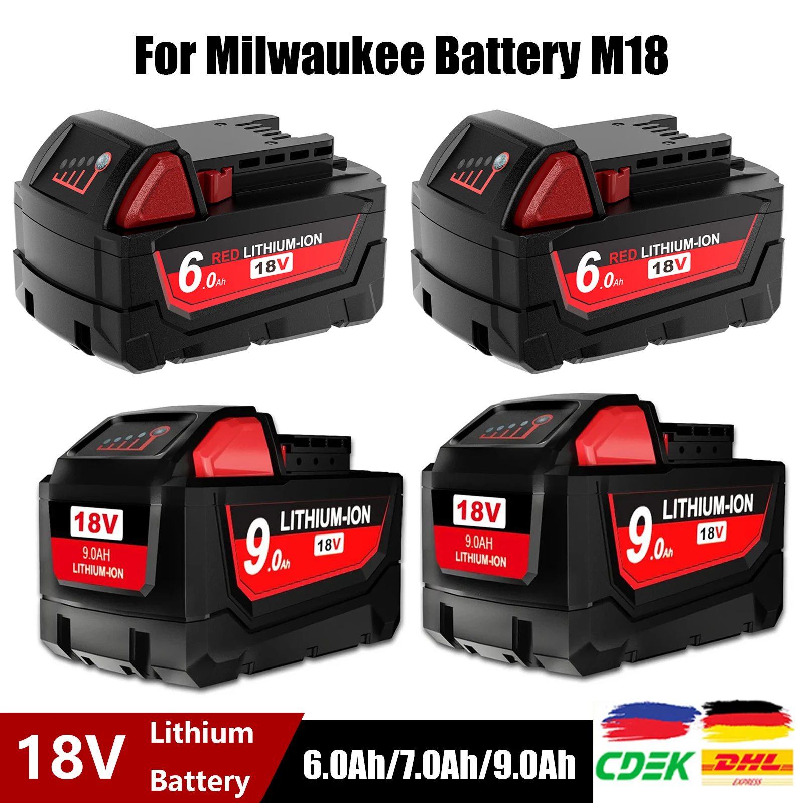 

Milwaukee Battery M18 18V 6.0Ah 7.0Ah 9.0Ah Replacement Lithium Battery for Milwaukee M18 48-11-1815 48-11-1850 2604-22 Battery