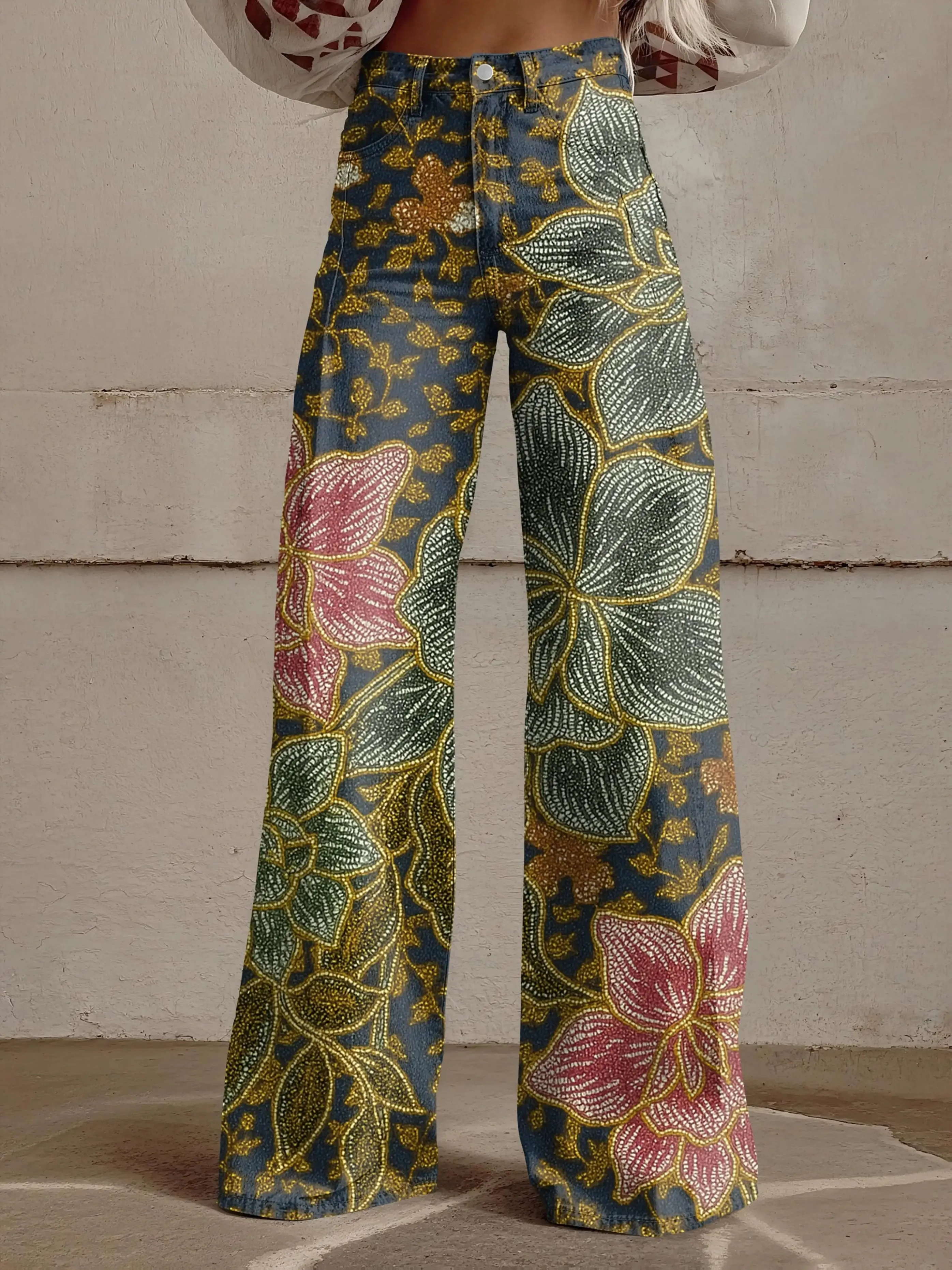 2026 Women's new Fashionable flame print gradient print loose wide leg jeans