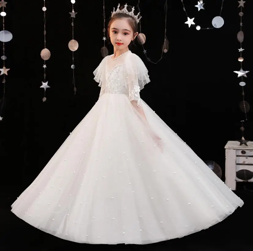 White Lace Girls Wedding Dress Beads Tulle Flower Girl Party Princess Birthday Dress Kids Long Dress Prom Formal Communion Gown